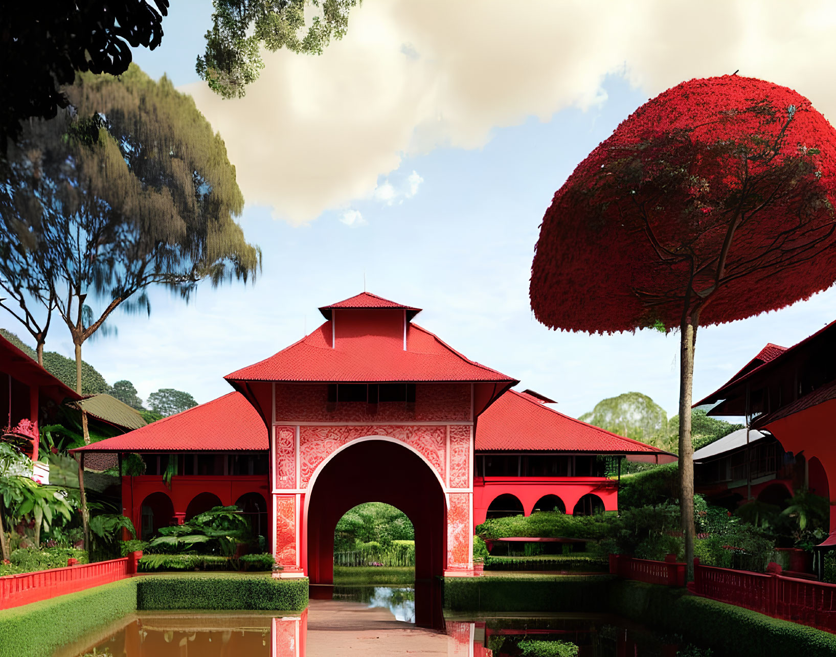 Traditional red pavilion reflected in water amidst lush greenery and vibrant red tree