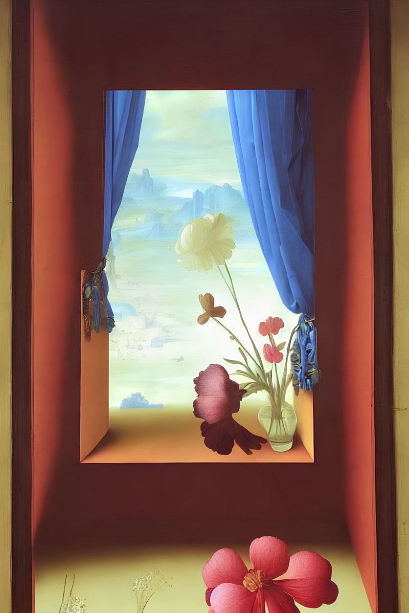 Colorful painting of window with blue curtains and whimsical landscape view, highlighted by flowers and warm background