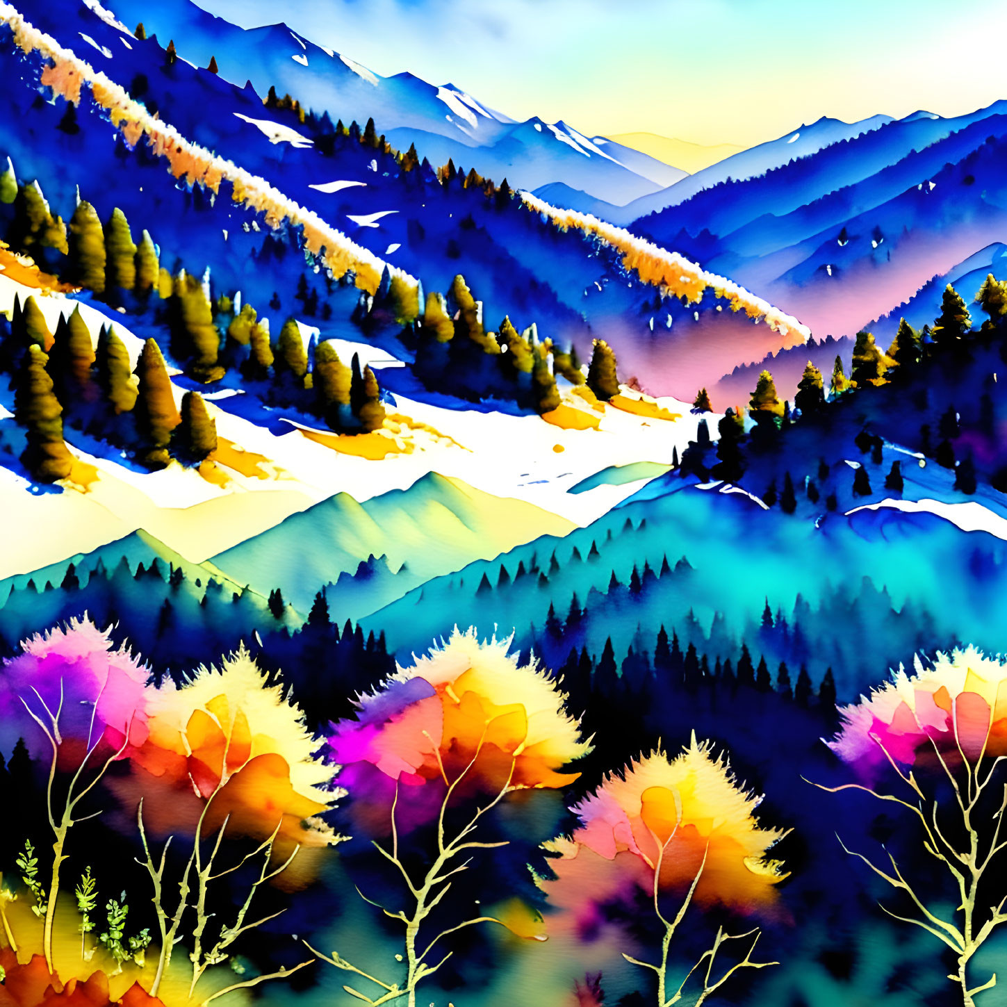 Colorful Watercolor Painting of Layered Mountain Ranges