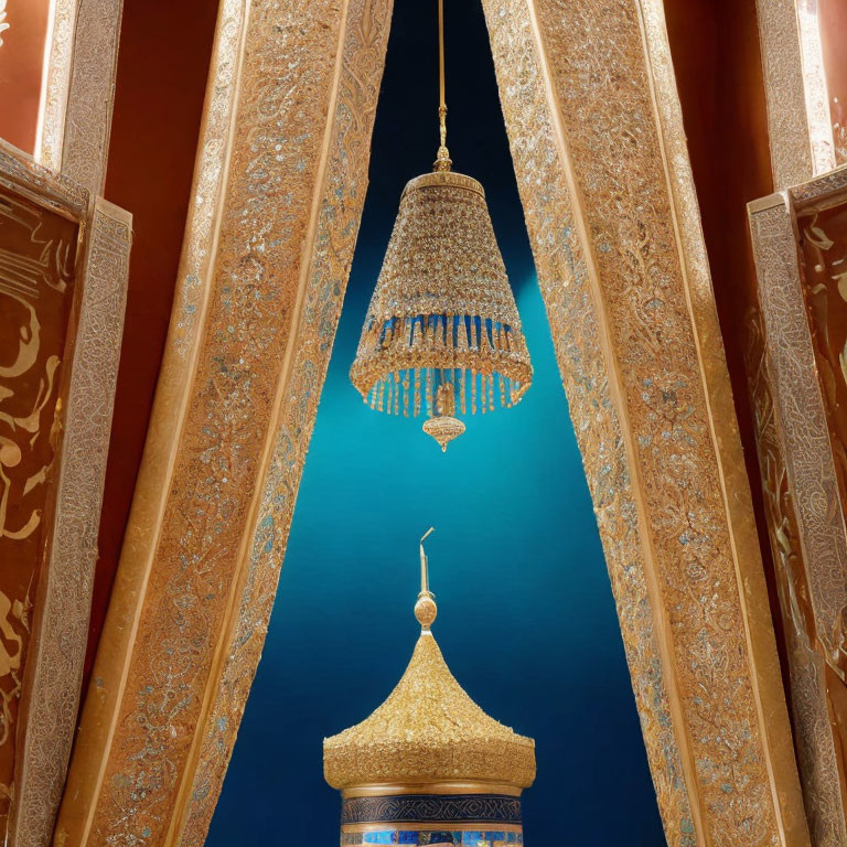 Luxurious crystal chandelier in ornate setting with golden pillars and blue background.