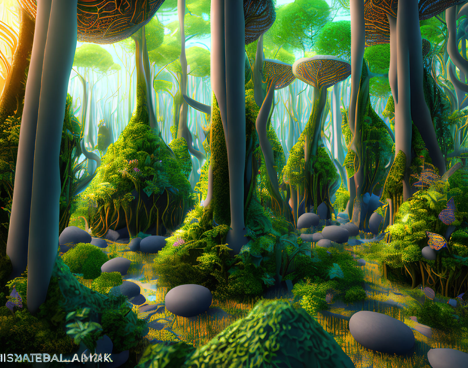 Mystical forest with towering trees and large mushrooms