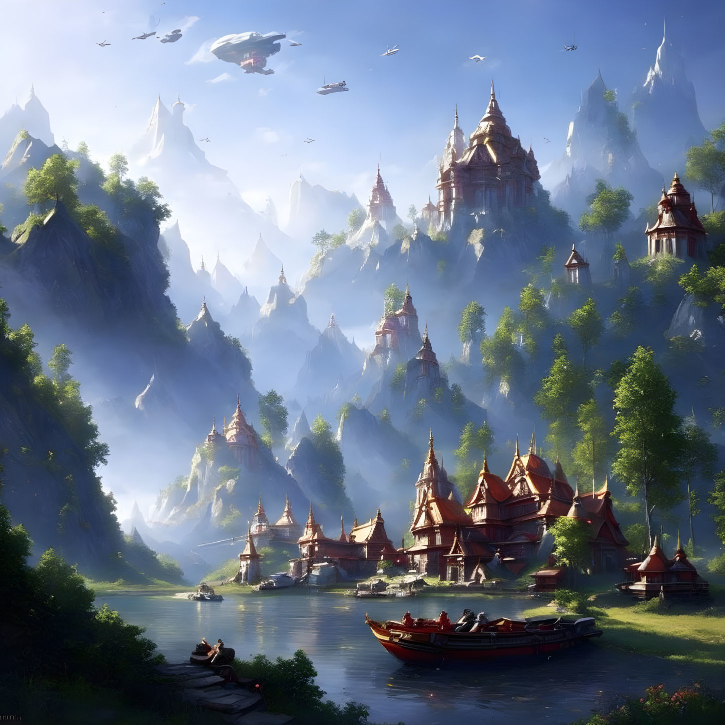 Fantasy landscape with ornate buildings, craggy peaks, river, boat, and floating islands