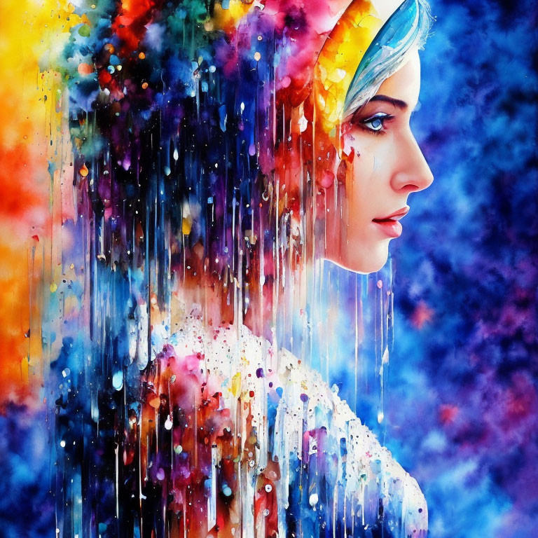 Colorful watercolor portrait of a woman with rainbow hues on cosmic backdrop