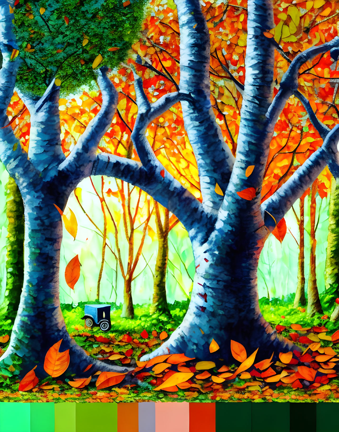 Colorful digital artwork: whimsical forest with blue trees, orange leaves, small train.