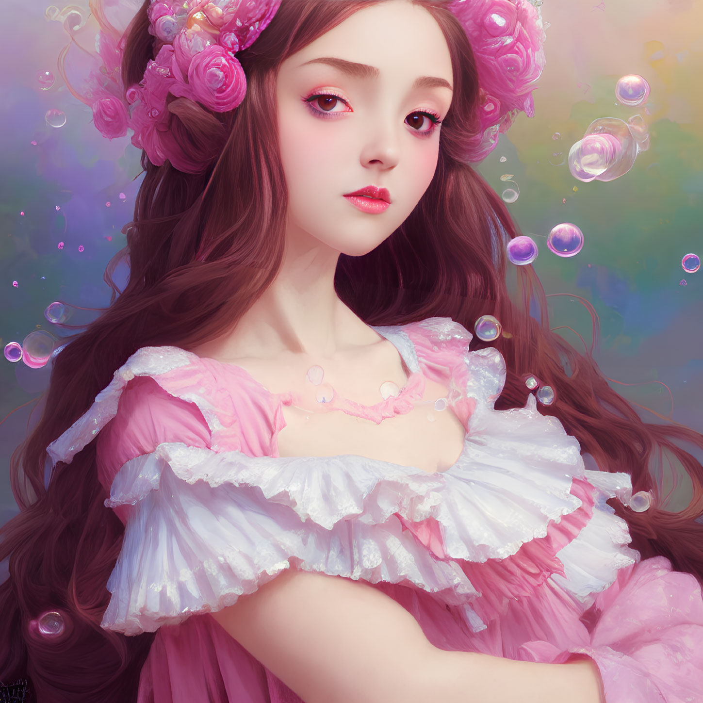 Young woman with dark hair and pink roses in pink dress among floating bubbles