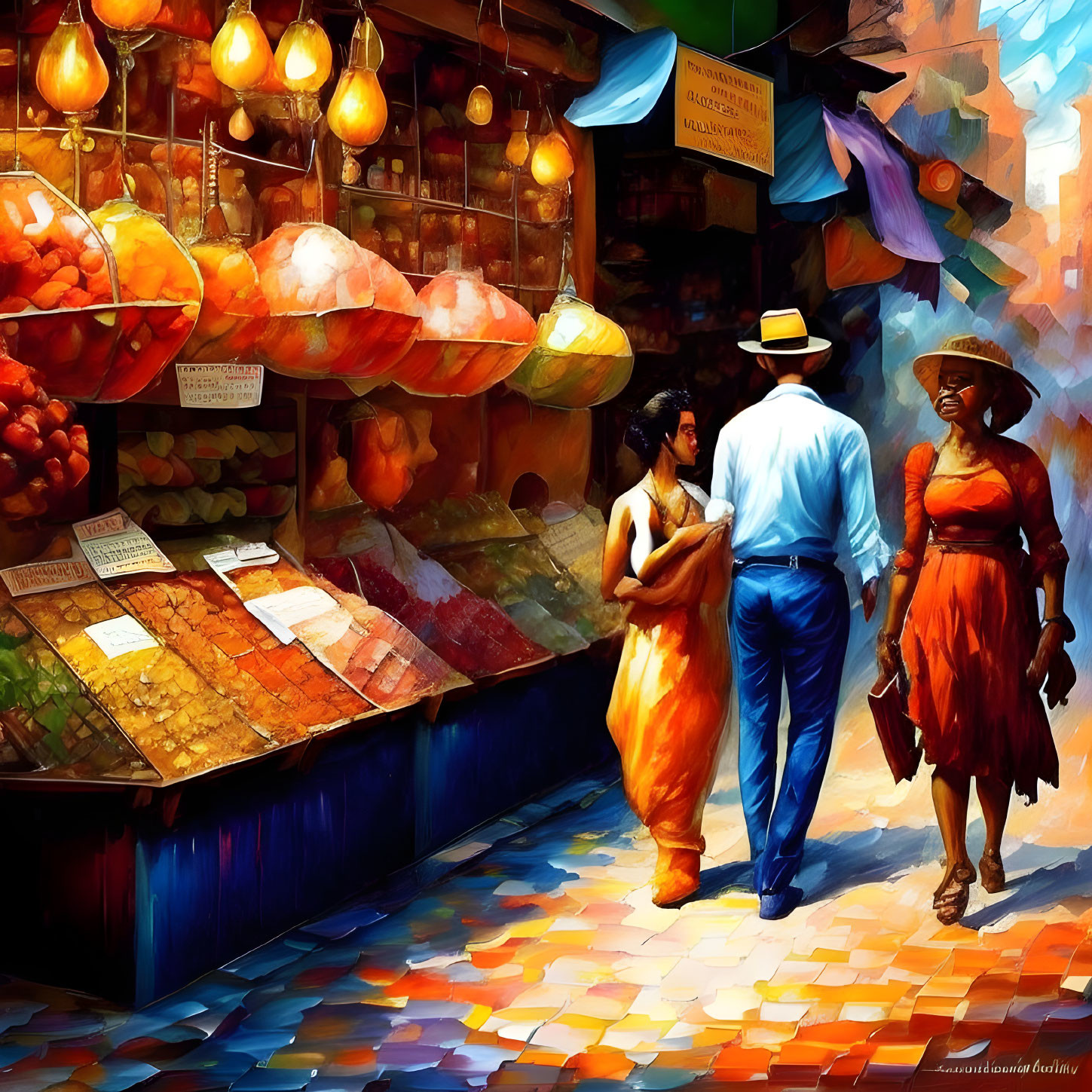 Colorful market scene with stalls, couple chatting, and woman in orange dress.