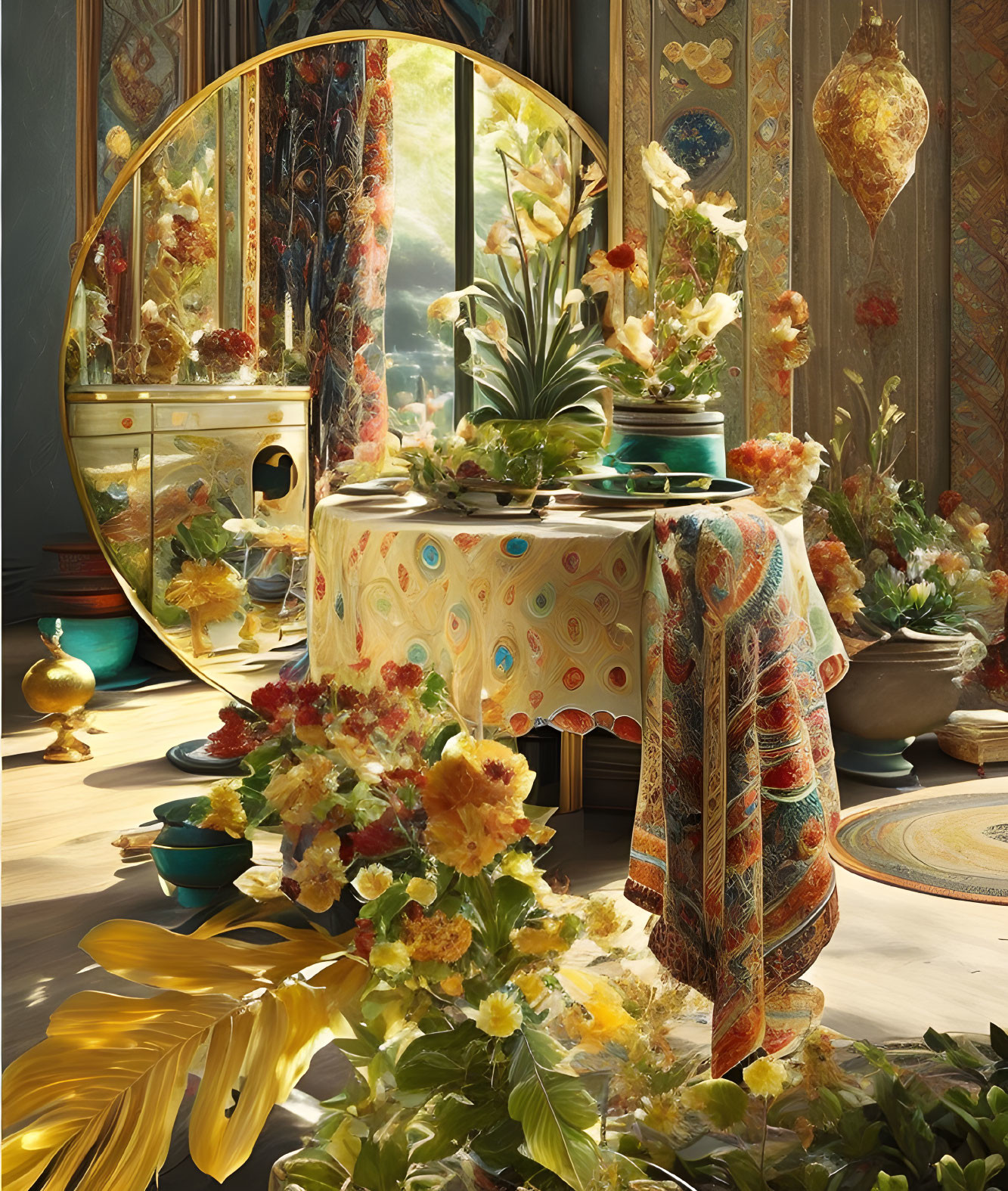 Bright sunlit room with ornate mirror, table with plants and flowers, draped textiles and pottery.