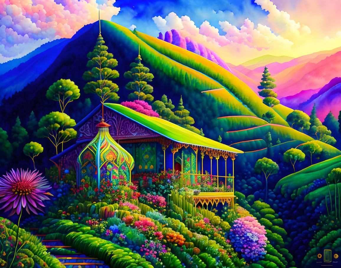 Colorful Illustration of Whimsical House in Lush Garden