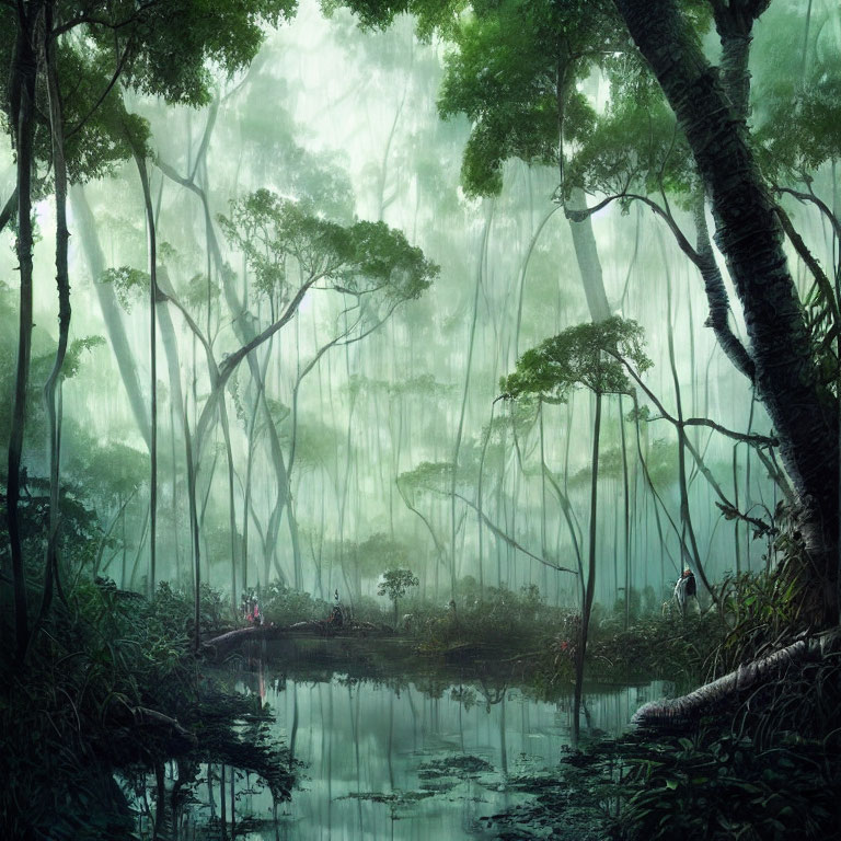 Lush Greenery and Serene Pond in Misty Forest