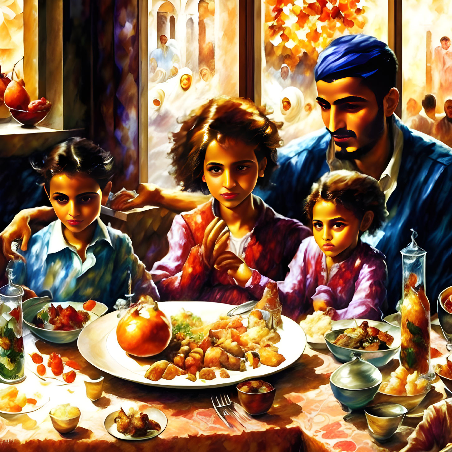 Colorful Family Dining Table Scene with Man and Three Girls