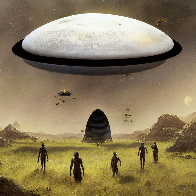 Unidentified Flying Object above desert with alien figures and monolithic structure