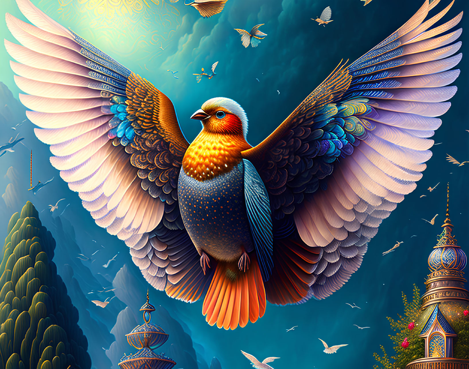 Colorful bird illustration in fantasy landscape with intricate patterns