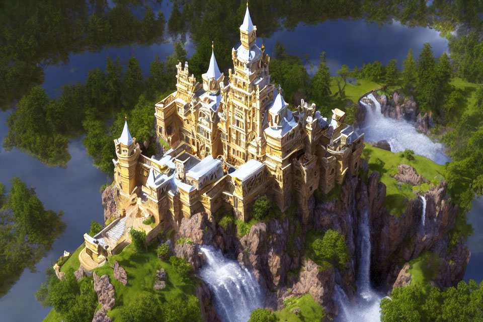 Majestic fantasy castle on rugged cliff with waterfalls