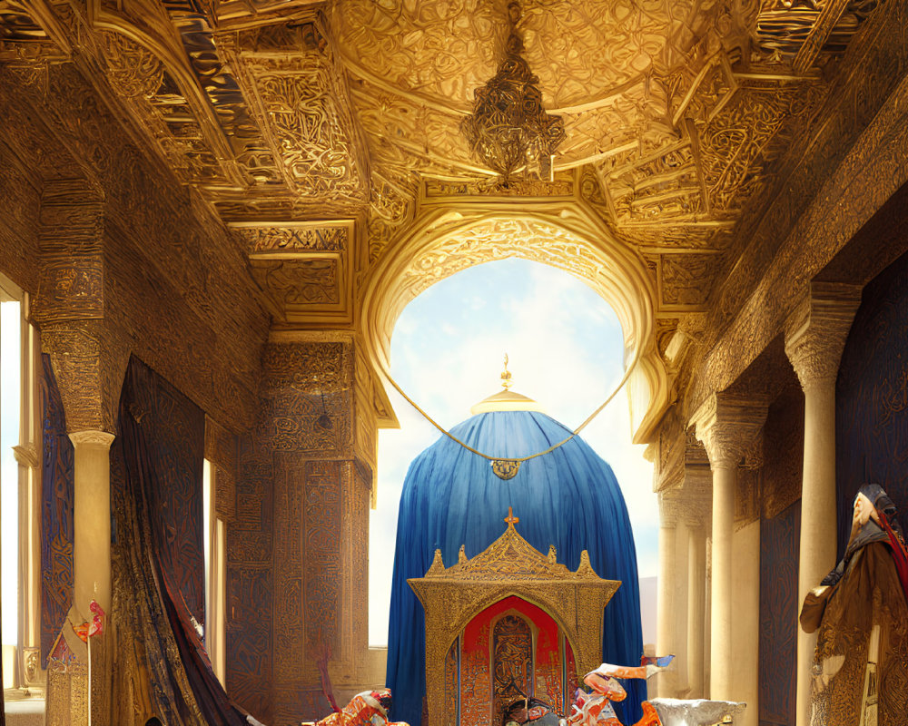 Opulent palace chamber with golden ornate ceilings and figures in traditional attire