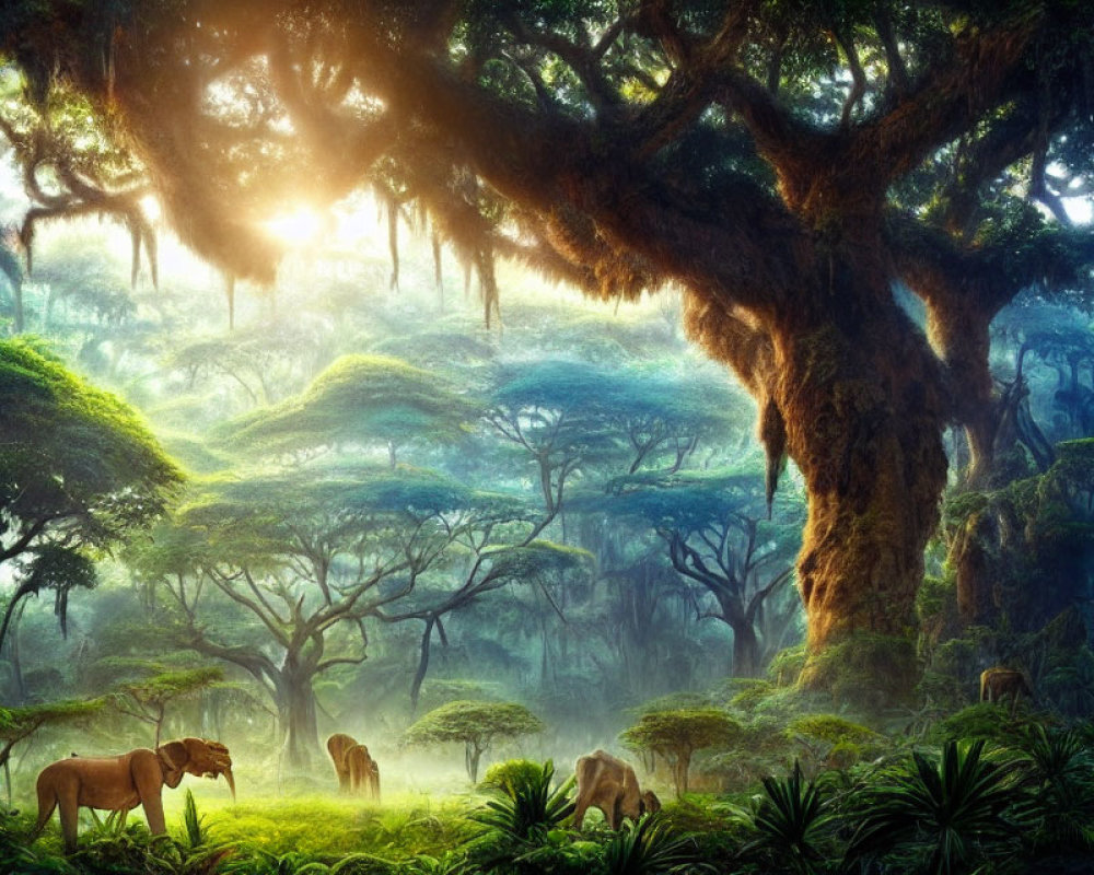 Misty forest canopy with elephants in lush greenery