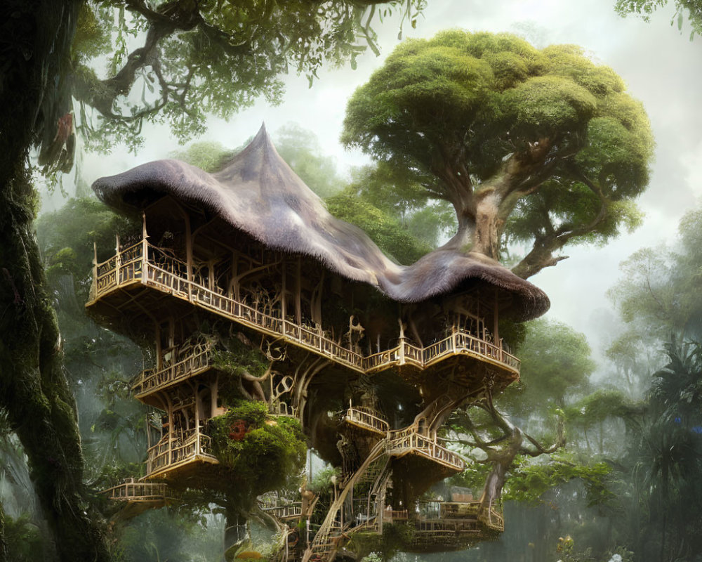 Enchanted forest treehouse with mushroom-shaped roof