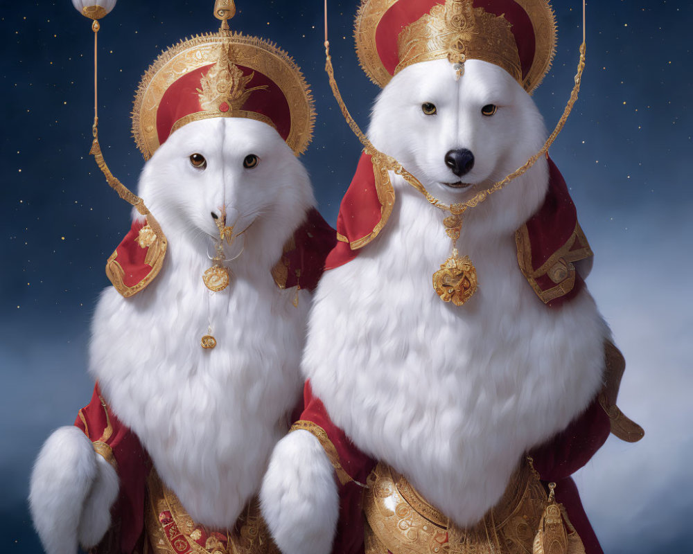 Anthropomorphic white foxes in regal attire under starry sky