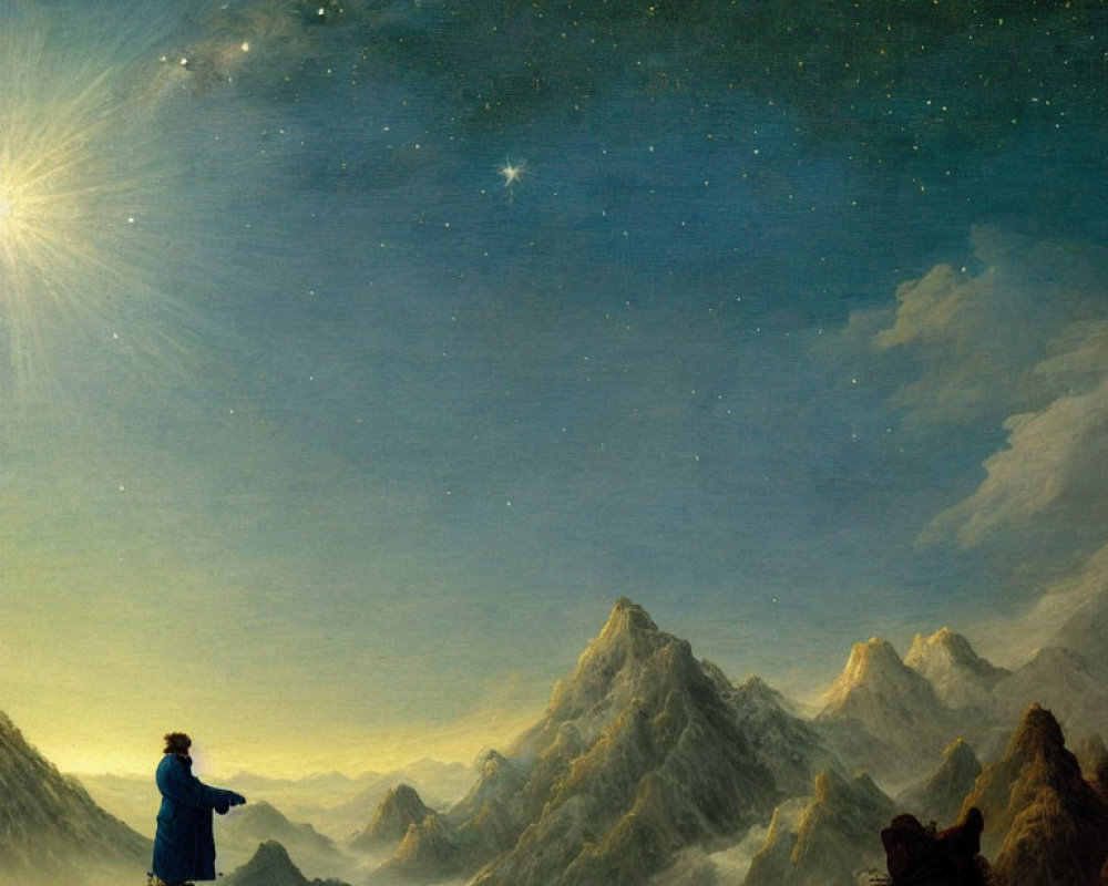 Person in Blue Cloak Gesturing on Cliff with Starry Sky and Bright Star