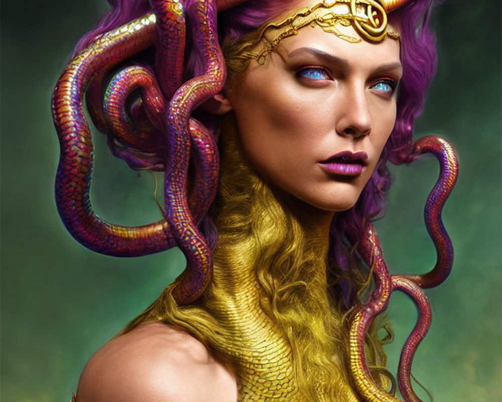 Fantasy portrait: Woman with purple hair, snakes, gold attire, blue eyes on green backdrop
