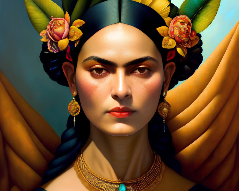 Stylized portrait of woman with unibrow, headband, flowers, large earrings, and