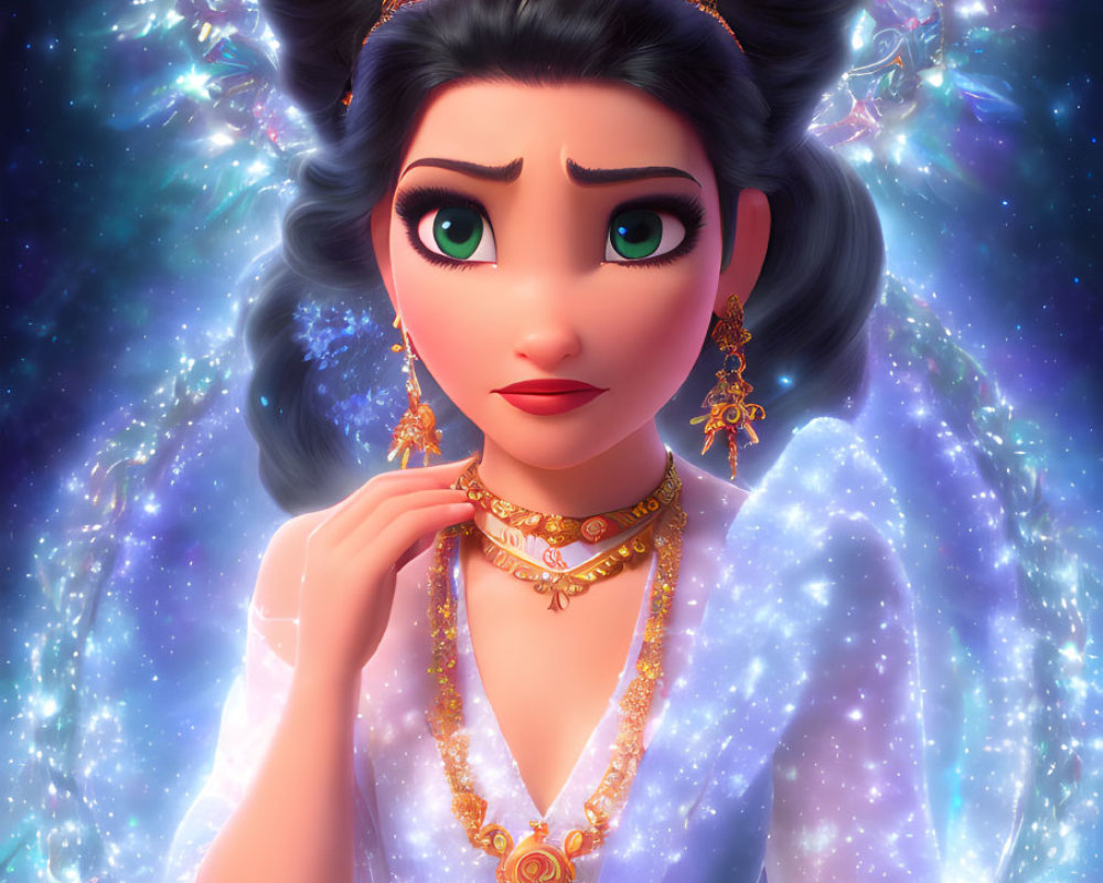 Animated female character with large expressive eyes in regal attire and gold jewelry on cosmic backdrop