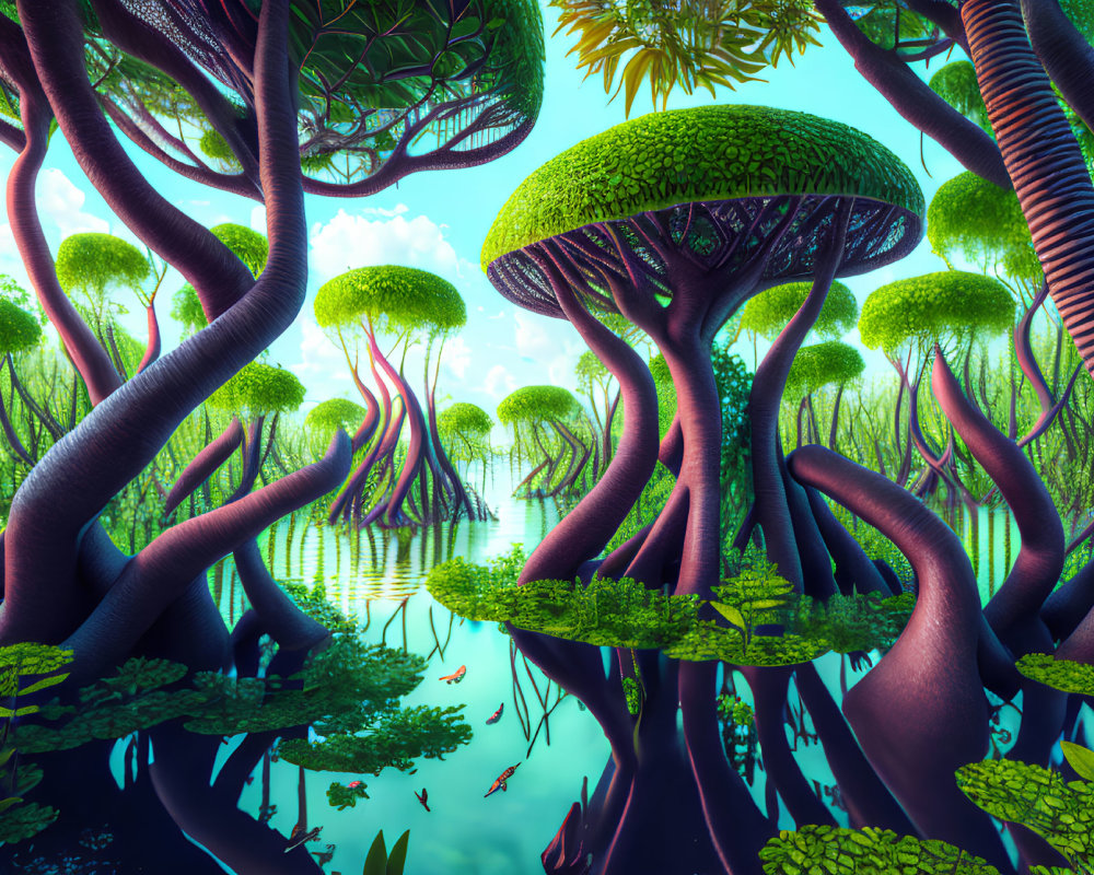 Surreal forest with oversized mushroom-like trees and reflective water