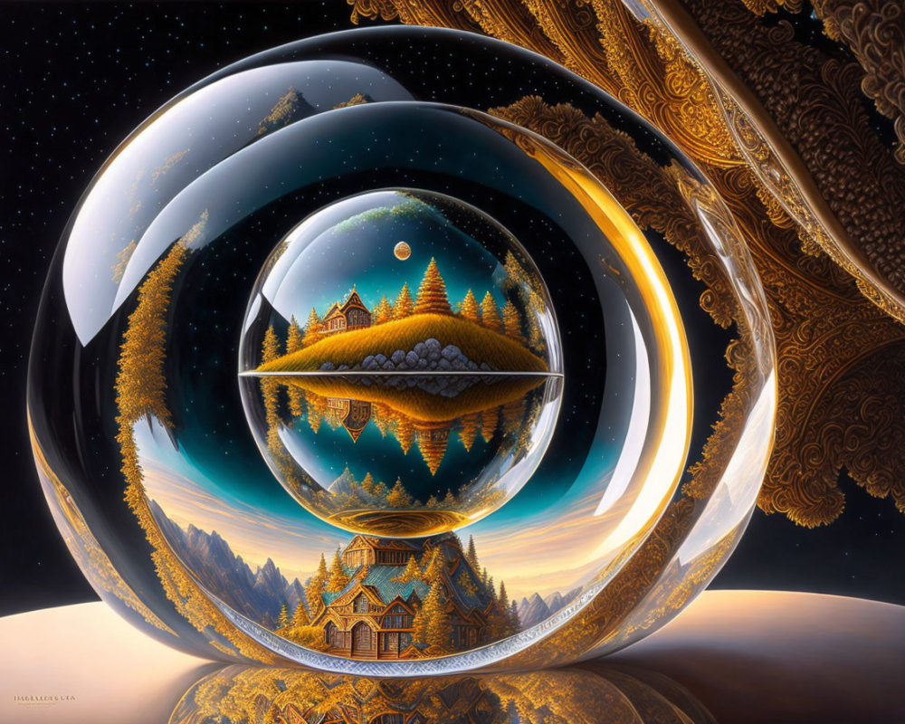Surreal artwork of crystal ball reflecting mirrored landscape with trees and golden fractals under starry sky