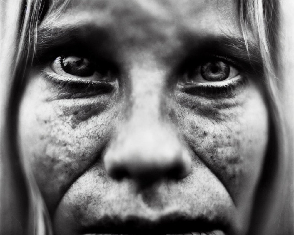 Intense gaze black and white portrait with freckles
