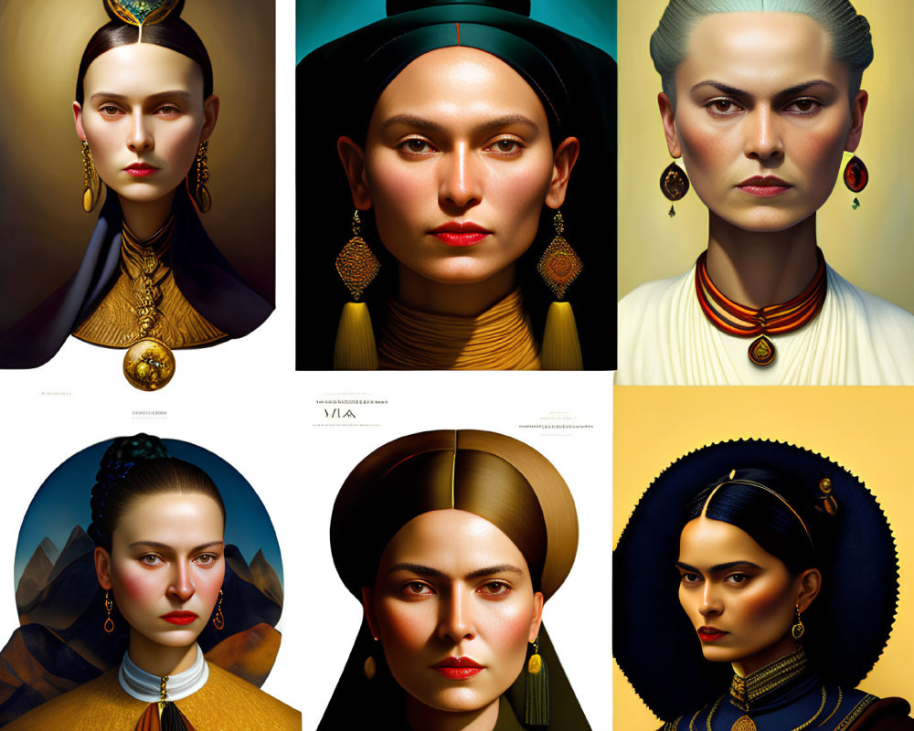 Six Stylized Women Portraits with Unique Headdresses and Expressive Features