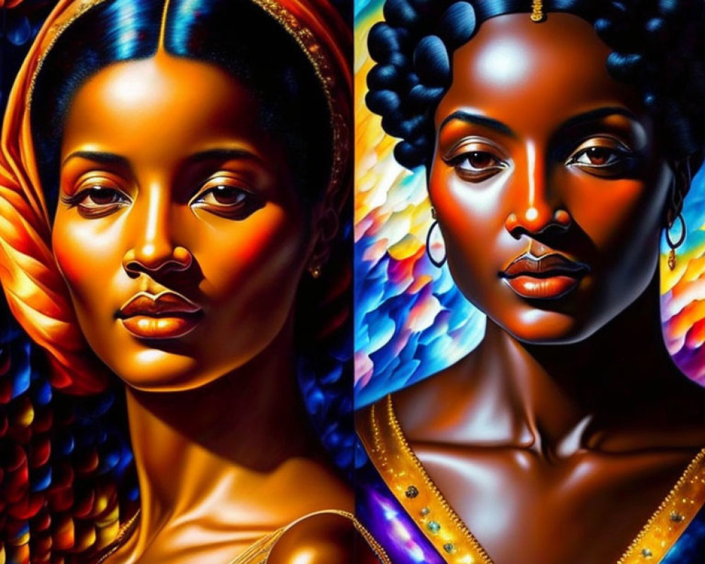 Stylized portraits of women with radiant skin in colorful attire