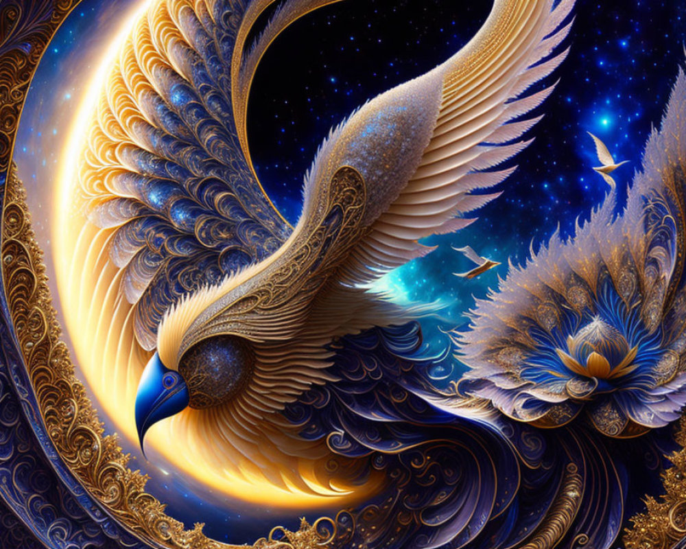 Mythical golden phoenix in cosmic setting