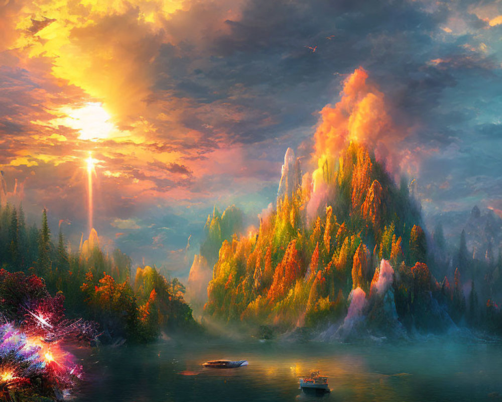 Misty lake with boats, vibrant trees, towering cliffs, dramatic sky