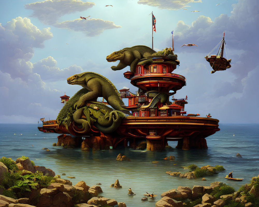 Fantasy artwork of pagoda with sea serpents in maritime setting
