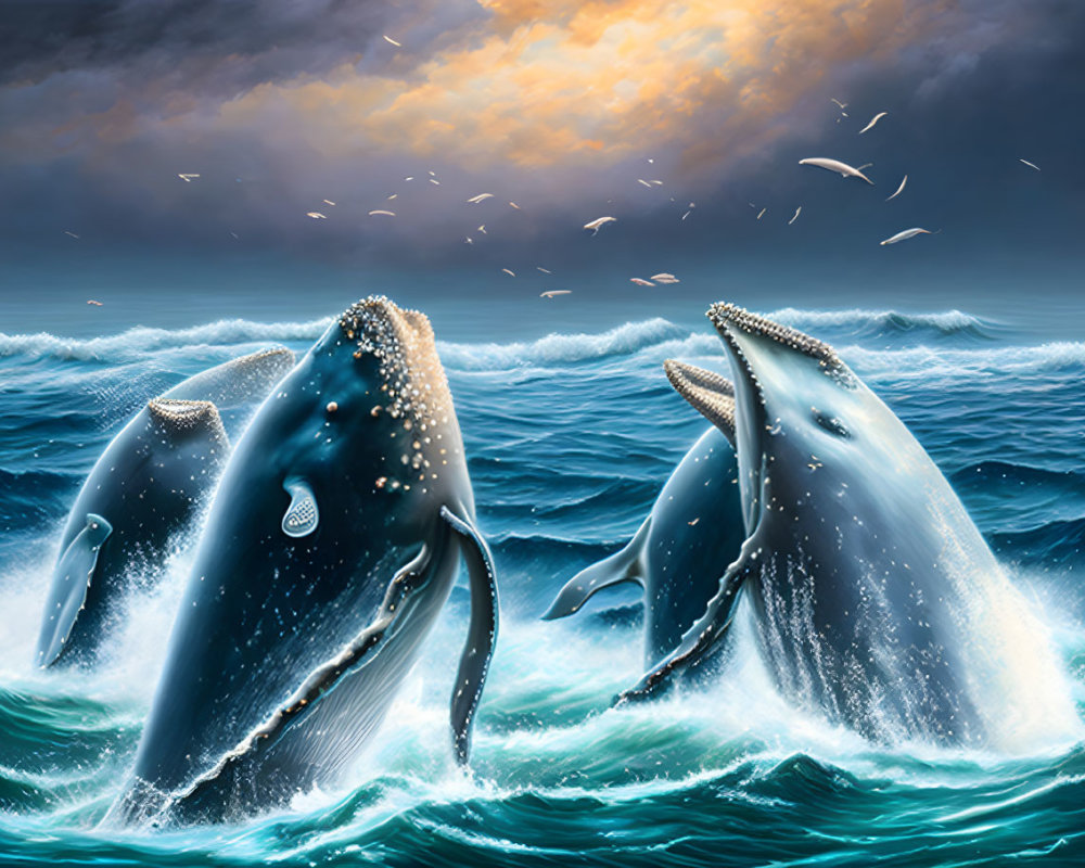 Humpback Whales Breaching in Stormy Ocean Scene