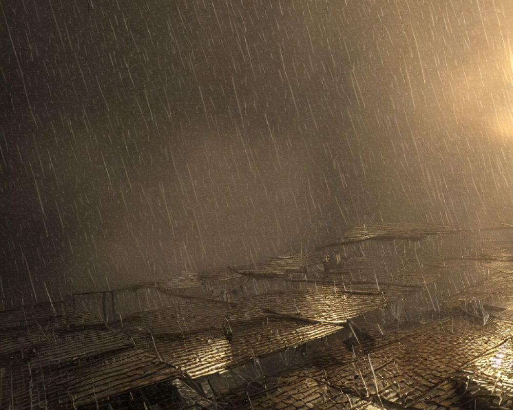 Nighttime heavy downpour illuminates wet cobblestones and wooden structures
