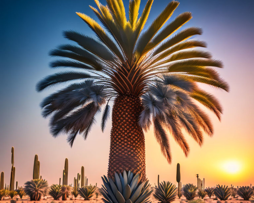 Majestic Palm Tree in Desert Landscape at Sunset