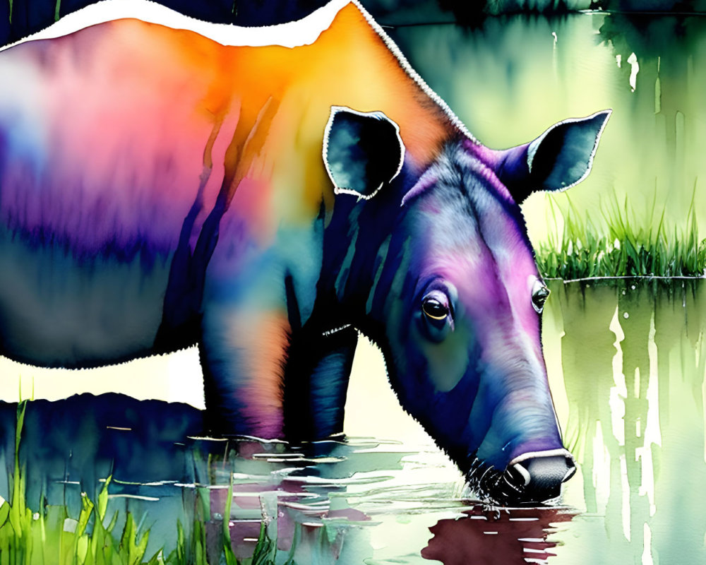 Vibrant Tapir Drinking Water by Tranquil River