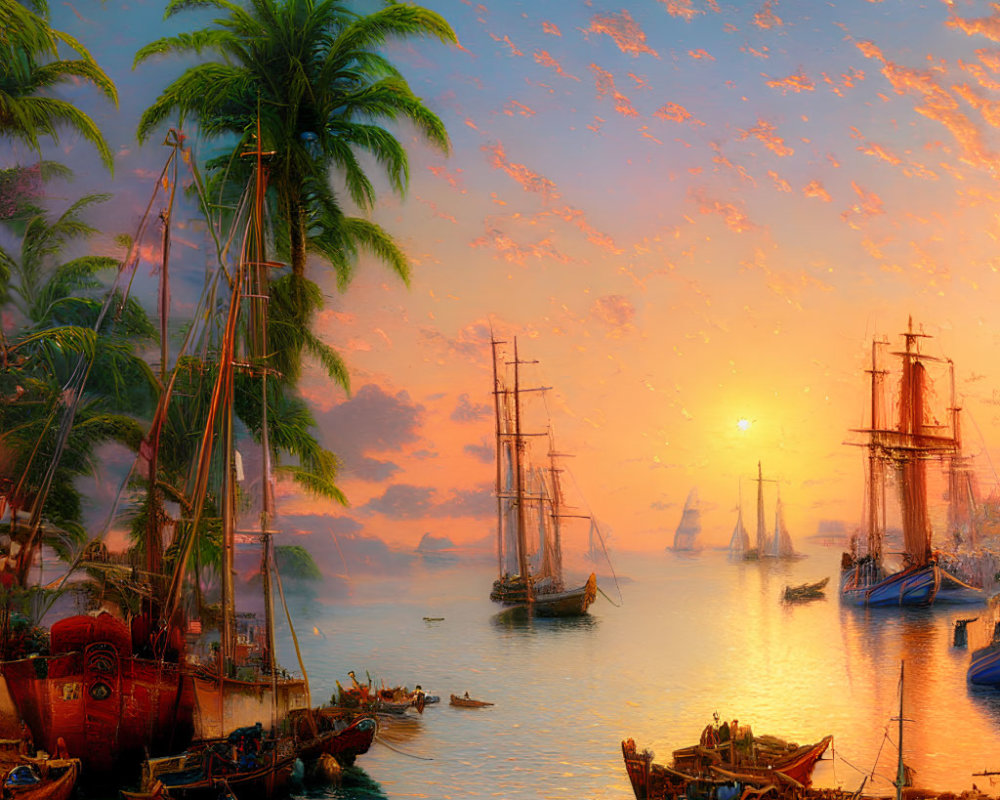 Tropical harbor sunset with tall ships, palm trees, and colorful sky