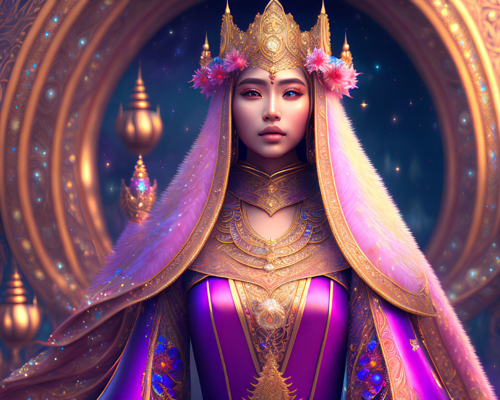 Regal figure in golden armor and purple robe with ornamental headdress and glowing lanterns