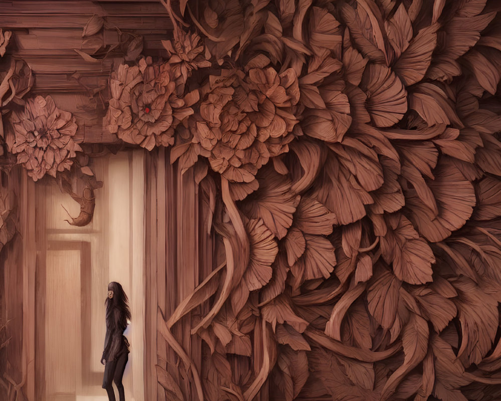 Intricately Carved Wooden Wall with Floral Motifs