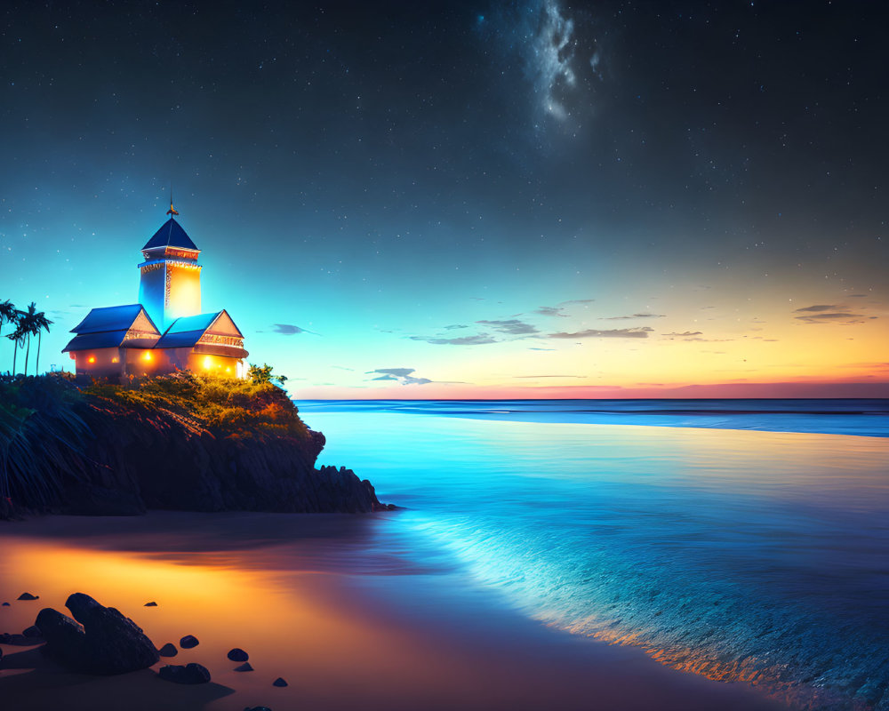 Tranquil seaside twilight with lit lighthouse, starry sky, and calm ocean