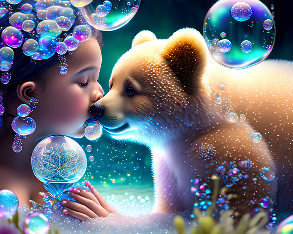 Young girl and fluffy dog surrounded by glowing bubbles in magical setting
