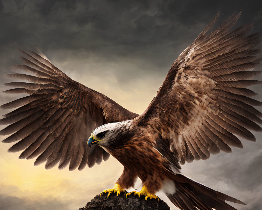Majestic eagle perched on rock with outstretched wings under dramatic sky