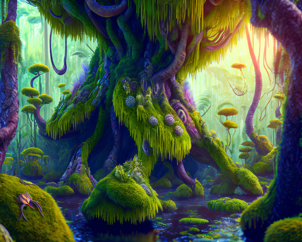 Enchanting Forest with Luminescent Mushrooms and Moss-Covered Trees