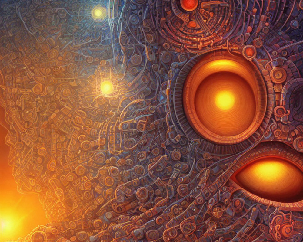 Intricate steampunk-themed mechanical artwork with warm orange and blue tones