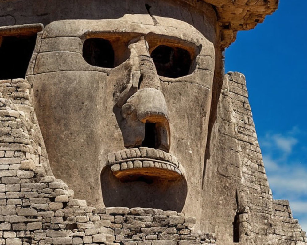 Ancient stone face sculpture with prominent eyes and mouth against blue sky