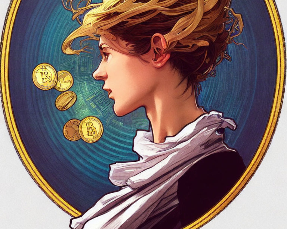 Profile portrait with swirling hair and floating Bitcoin coins on blue and gold backdrop