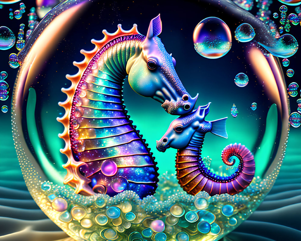 Colorful Fantastical Seahorses in Bubble on Liquid Backdrop