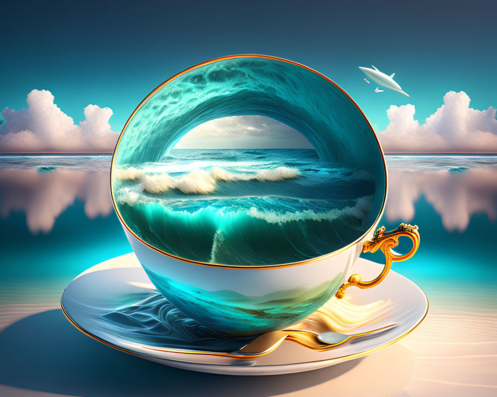 Surreal teacup with ocean wave, sky, clouds, and bird.