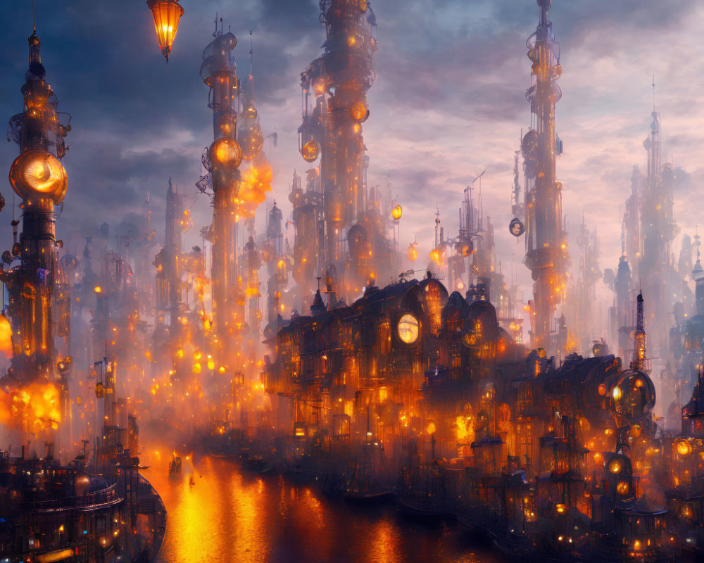 Majestic cityscape at dusk with glowing spires and serene river